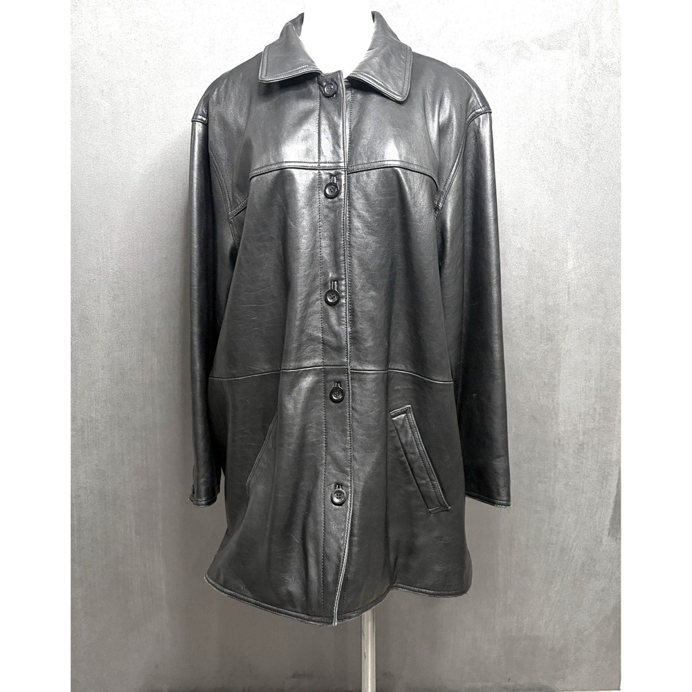 Leather Elements Car Coat Trench Womens 1X Black Genuine Leather Y2K Minimalist